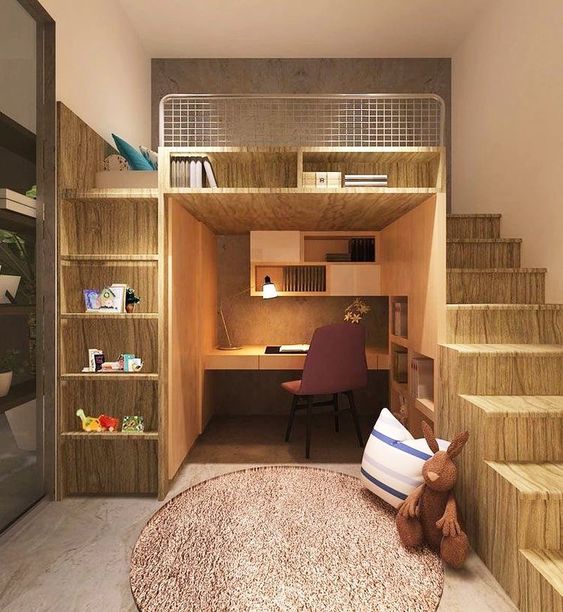 bedroom, wooden floor, brown wall, wooden stairs, study nook under the bed, built in shelves, brown round rug
