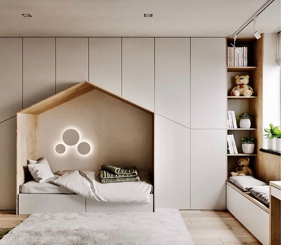 bedroom, wooden floor, white built in cupboard, grey rug, wall nook, shelves