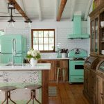 Kitchen, Wooden Floor, White Backsplash Wall Tiles, Wooden Cabinet, Bright Stark Green Stove And Fridge, Beam, White Ceiling