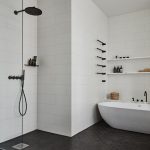 Bathroom, Black Scale Floor Tiles, White Subway Wall Tiles, White Tub, White Floating Shelves