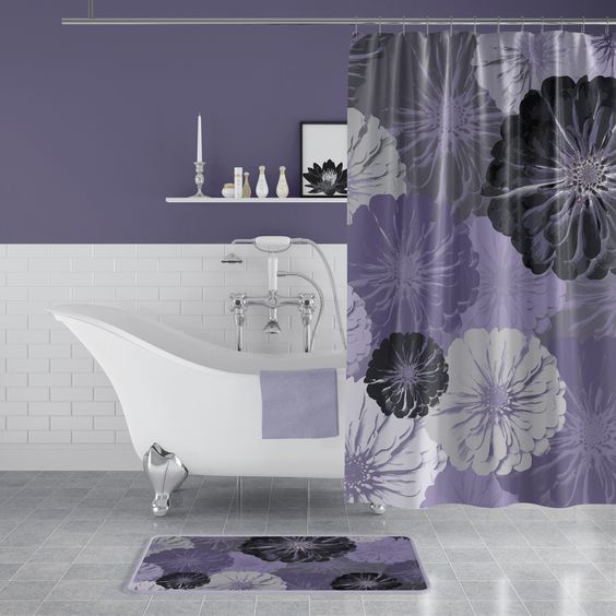 bathroom, grey floor tiles, white wall tiles, purple wall, white floating shelves, white tub, purple curtain