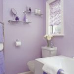 Bathroom, Purple Wall, White Floor, White Tub, Glass Shelves