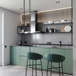 Dining Table On Black Floating Island, Green Cabinet, Green Stools, Grey Wall, Grey Counter Top