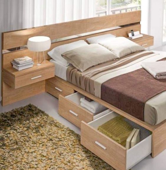 bed platform, wooden material, side table, drawers, white floor,