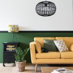 Living Room, White Wall, Green Bottom Wall, Wooden Floor, Yellow Sofa, Wooden Coffee Table, Black Framed Pendant