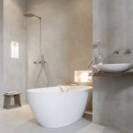 Bathroom, Grey Floor, Grey Concrete Wall, Wooden Floating Vanity, White Sink
