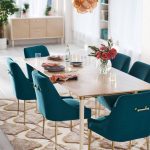 Dining Room, White Wooden Floor, Teal Chairs With Golden Legs, Wooden Rectangular Table, White Wall, Golden Chandelier