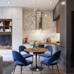 Open Kitchen, Wooden Floor, Grey Cabinet, White Marble Wall, White Cabinet, Grey Rug, Wooden Round Table, Blue Chairs, Glass Chandelier