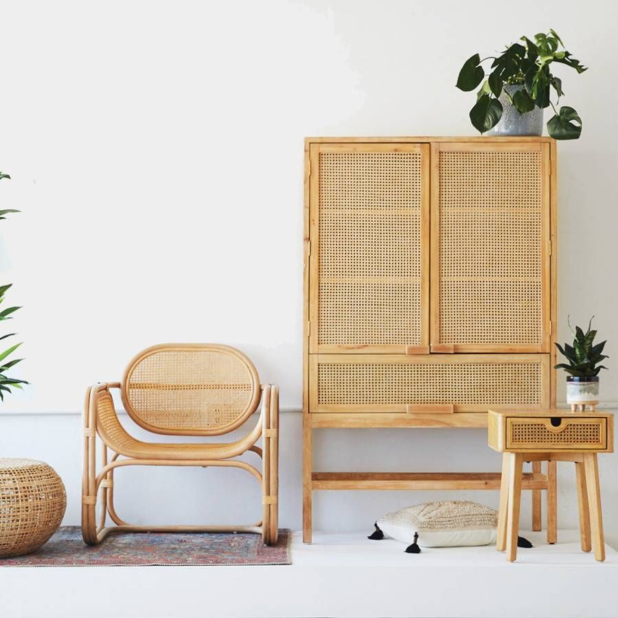 rattan chair, rattan cabinet, white wall
