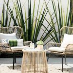 Rattan Chairs, Rattan Coffee Table, Patterned Rug, Grey Floor