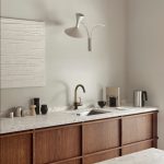 Kitchen, White Wall, Wooden Cabinet, White Marble Top, White Sconce