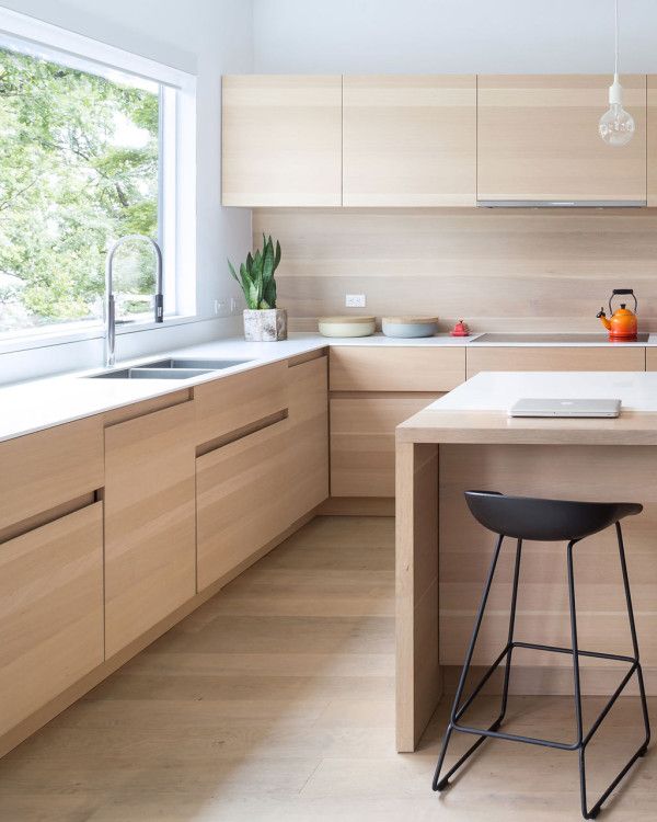 kitchen, wooden floor, wooden cabinet, wooden backsplash, wooden island, large glass window