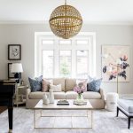 Living Room, Wooden Floor, White Sofa, White Marble Coffee Table, Golden Pendant, Leather Chair, White Floor Lamp