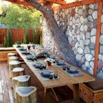 Outdoor Dining, Wooden Floor, Wooden Table, Wooden Stools, Wooden Ceiling, Stone Accent Wall, Wooden Bench