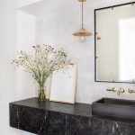 Bathroom, White Wall, White Wall Tiles, Black Marble Floating Vanity, Black Sink, Pendant, Square Mirror