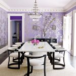 Dining Room, Black Wooden Floor, Purple Wallpaper, White Table, Black White Chairs, Chandelier, White Ceiling