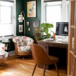 Home Office, Wooden Floor, Green Wall, Wooden Table, Brown Leather Chair, Rattan Chair With Flowery Cushion