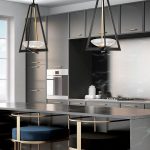 Kitchen, Black Smooth Cabinet, Black Island, Modern Stool With Golden Lines, Black Golden Triangle Fixture