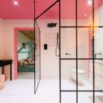 Bathroom, Pink Wall Tiles, Pink Ceiling, White Floor Tiles, Black Console Table, White Toilet, Glass Partition