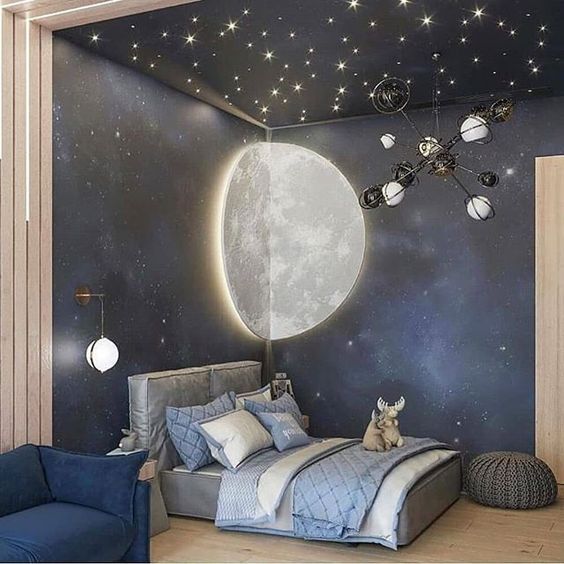 bedroom, blue wall, stars ceiling, white sconce, grey bed platfor, modern chandelier