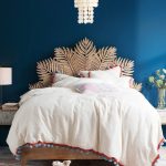 Bedroom, Soft Colorful Rug, Blue Wall, Leaves Headboard, White Shells Pendant, Side Table