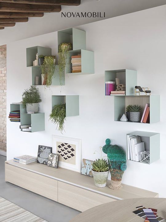 decorative shelves, light colored boxes