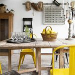 Dining Room, Wooden Table, Yellow Chairs, White Wall,
