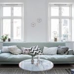 Living Room, Wooden Floor, Patterned Rug, White Wall, Grey Sofa, White Marble Round Table