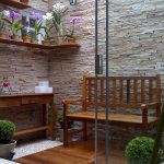 Small Garden, Wooden Floor, Natural Stone Wall, Wooden Floating Shelves, Wooden Table, Wooden Bench